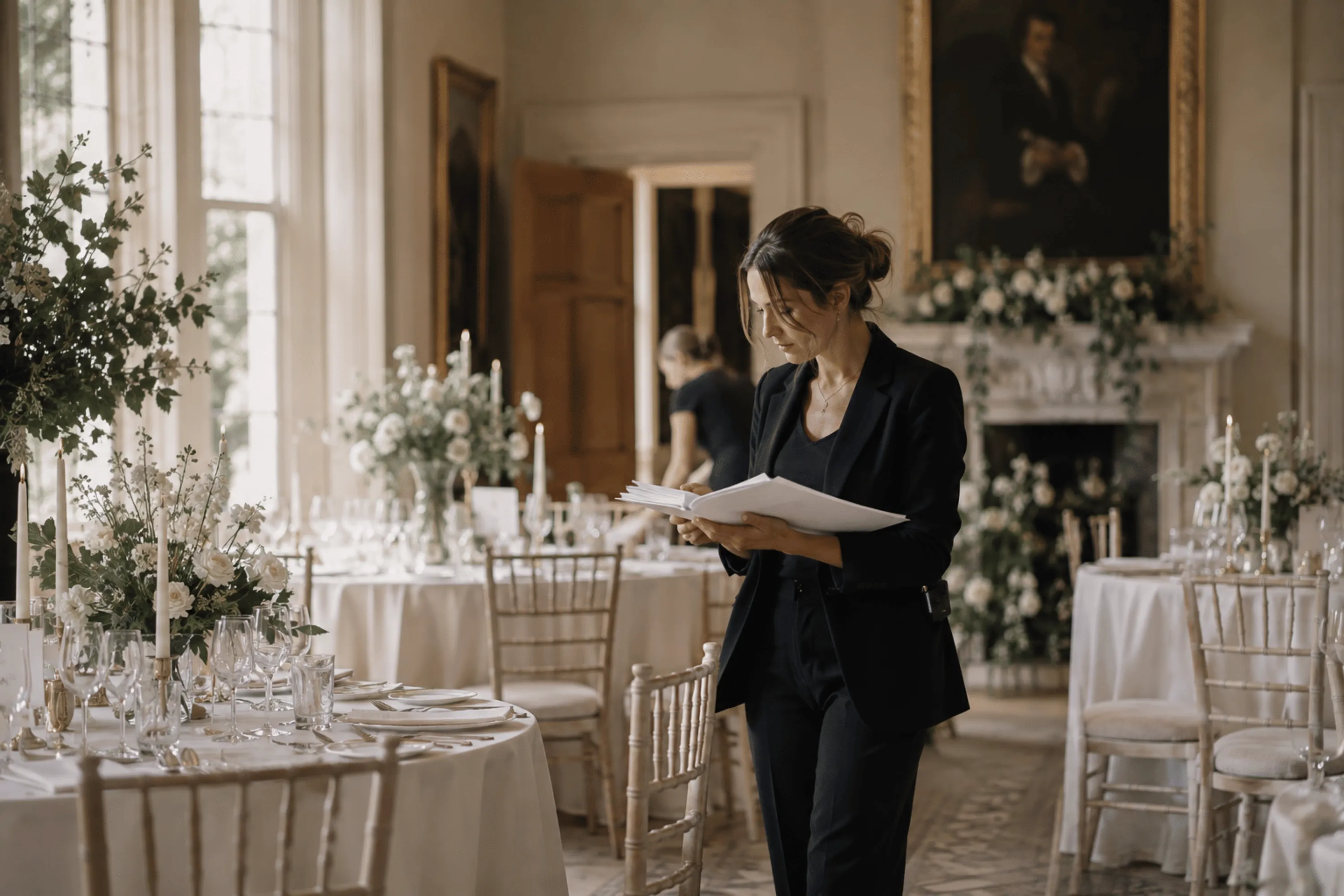 A venue manager reading from a folder of papers as she walks a dining room laid for a wedding.